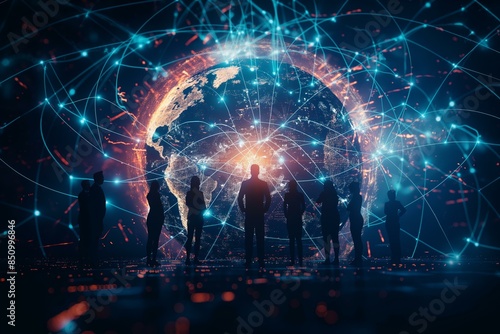 A digital globe is surrounded by interconnected network connections with silhouettes of people in the foreground. The image illuminates the global reach and interconnectivity of modern technology.