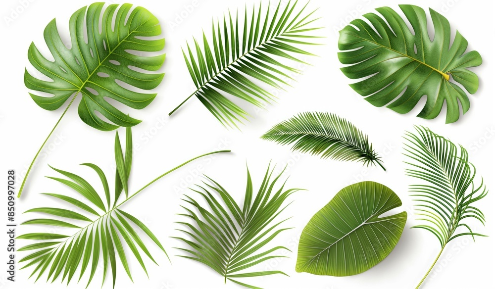 A variety of green palm leaves isolated on a white background, showcasing different shapes and sizes common in tropical climates. A variety of green palm leaves isolated on a white background, showcasing different shapes and sizes common in tropical climates.