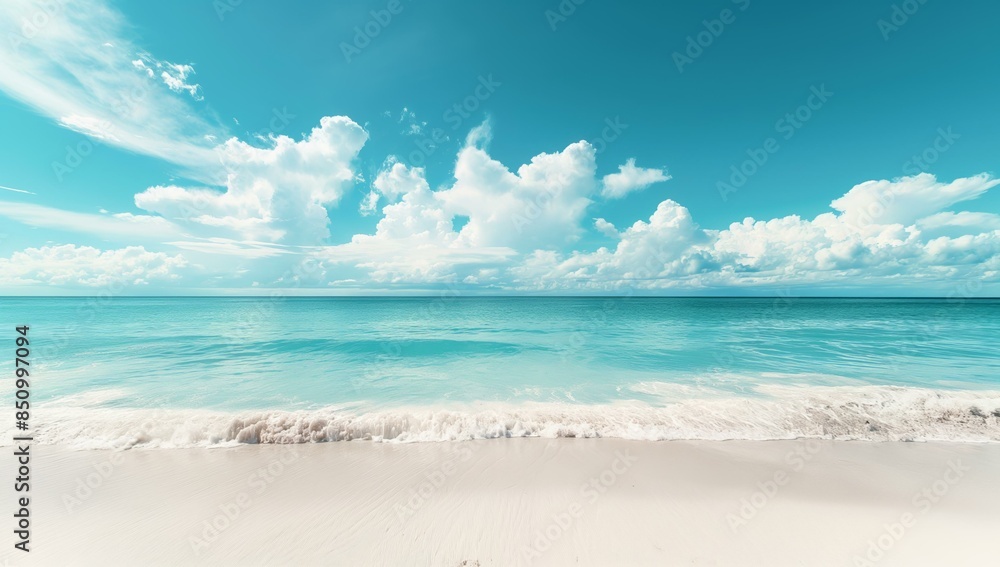 A peaceful beach scene with pristine white sand, gently lapping turquoise waters, and a vibrant blue sky adorned with fluffy white clouds. A peaceful beach scene with pristine white sand, gently lapping turquoise waters, and a vibrant blue sky adorned with fluffy white clouds.