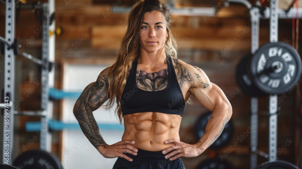A woman with a muscular physique poses in a gym, showcasing her toned arms and defined abs. A woman with a muscular physique poses in a gym, showcasing her toned arms and defined abs.