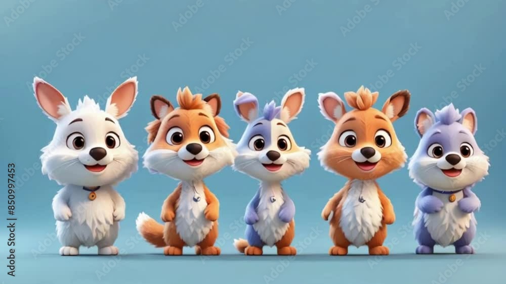 Funny 3D animated cartoon style animals standing in row over blue background, happy kids friends animals Funny 3D animated cartoon style animals standing in row over blue background, happy kids friends animals