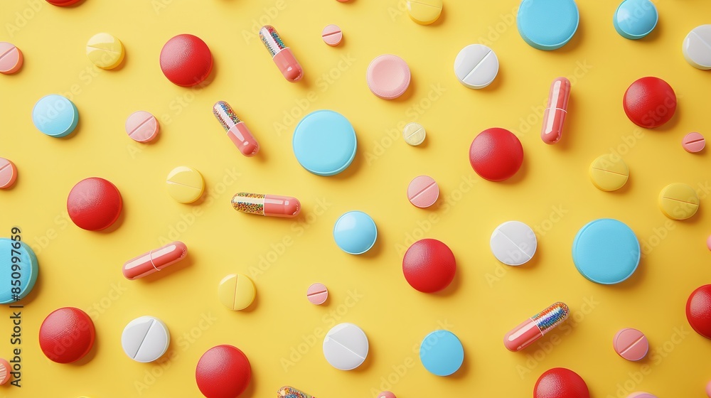 A collection of assorted pills seen up close against a yellow background. A collection of assorted pills seen up close against a yellow background.