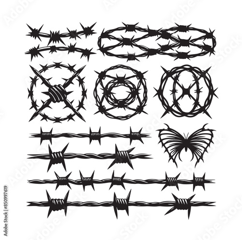 
Barber Wire set isolated white background. Razor Wire in trendy minimal geometric style. Brutal prison fence collection. Vector illustration can used web design