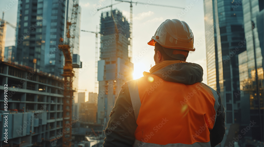 Urban Construction Scene, Engineer Overseeing Skyscraper Development, Modern Cityscape, Architecture Project Urban Construction Scene, Engineer Overseeing Skyscraper Development, Modern Cityscape, Architecture Project