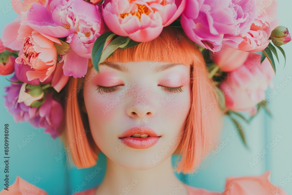 woman with straight peach color hair wearing a pink orange and purple peonies flower crown, wearing pastel peach color clothes, sunny, dewy skin, etherial woman with straight peach color hair wearing a pink orange and purple peonies flower crown, wearing pastel peach color clothes, sunny, dewy skin, etherial