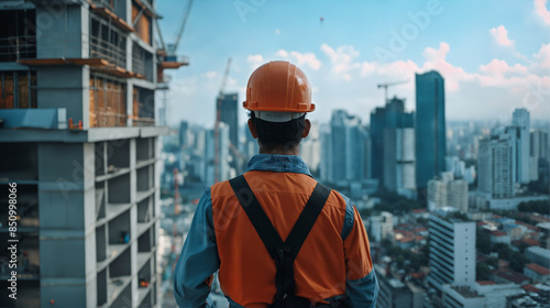 Urban Construction Scene, Engineer Overseeing Skyscraper Development, Modern Cityscape, Architecture Project