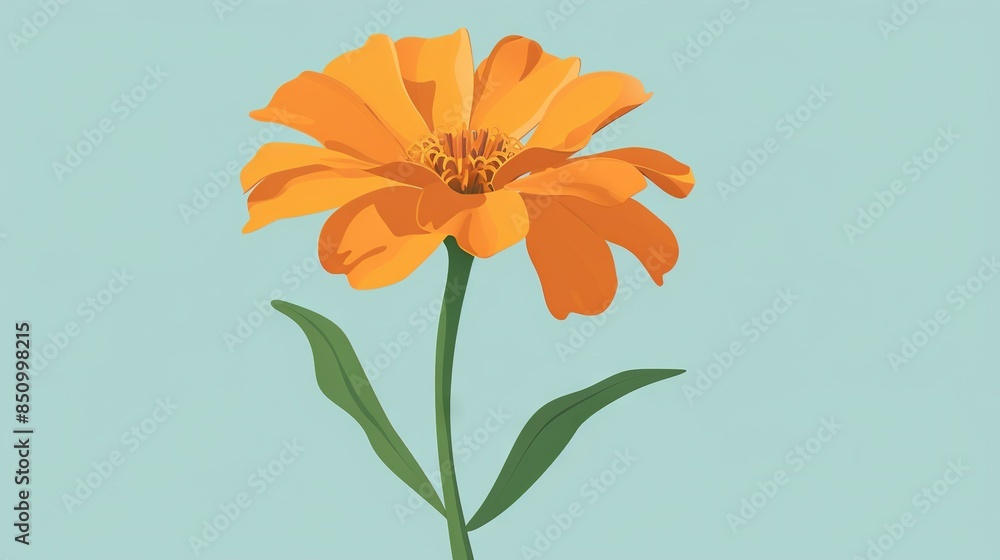 Orange bloom amidst blue backdrop and green stalk; yellow centerpiece in photo Orange bloom amidst blue backdrop and green stalk; yellow centerpiece in photo