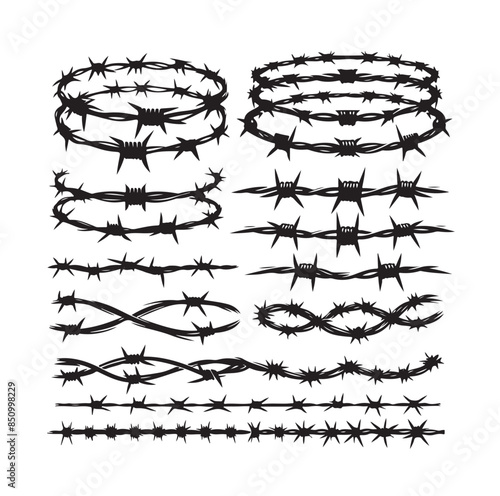 
Barber Wire set isolated white background. Razor Wire in trendy minimal geometric style. Brutal prison fence collection. Vector illustration can used web design