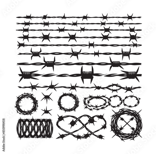 
Barber Wire set isolated white background. Razor Wire in trendy minimal geometric style. Brutal prison fence collection. Vector illustration can used web design