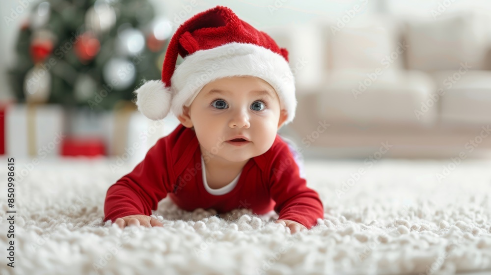 Adorable Baby in Festive Santa Outfit on White Background Generative AI Adorable Baby in Festive Santa Outfit on White Background Generative AI