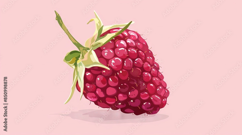 a raspberry against a light pink backdrop, featuring a distinct green stem emerging from the top of the fruit a raspberry against a light pink backdrop, featuring a distinct green stem emerging from the top of the fruit