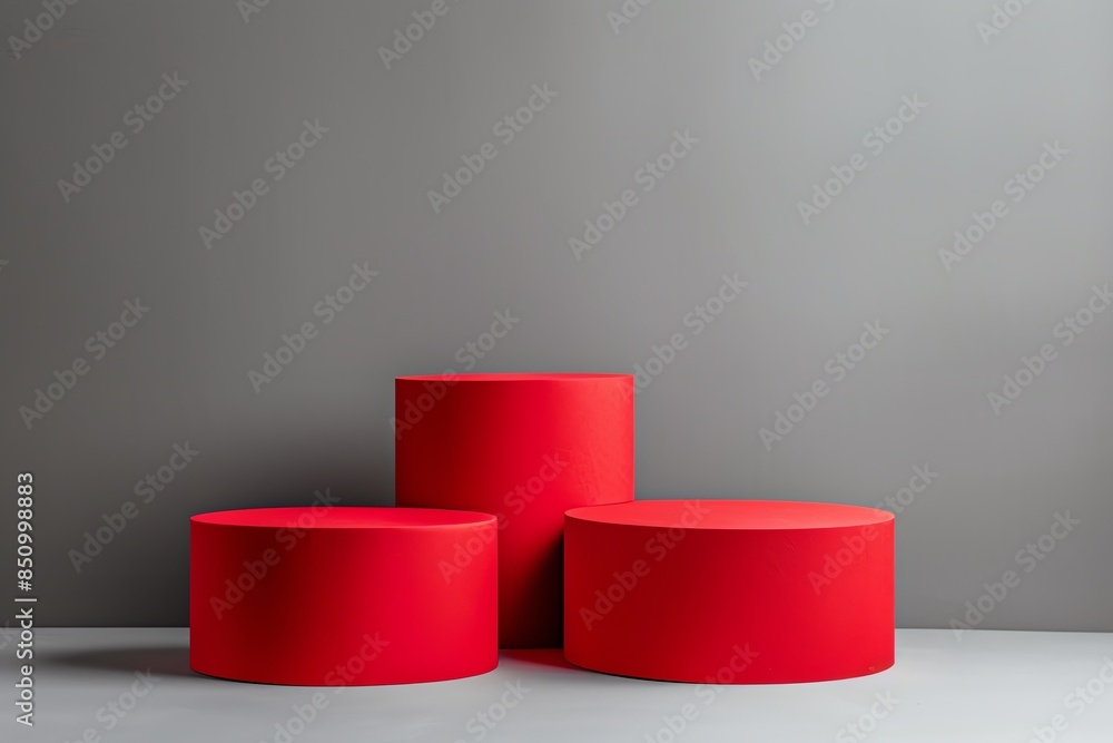 Bright red podiums on a simple grey background, striking and bold Bright red podiums on a simple grey background, striking and bold