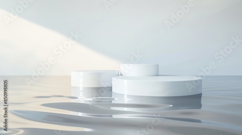 Pure white round podiums on a reflective waterlike background, peaceful and tranquil photo