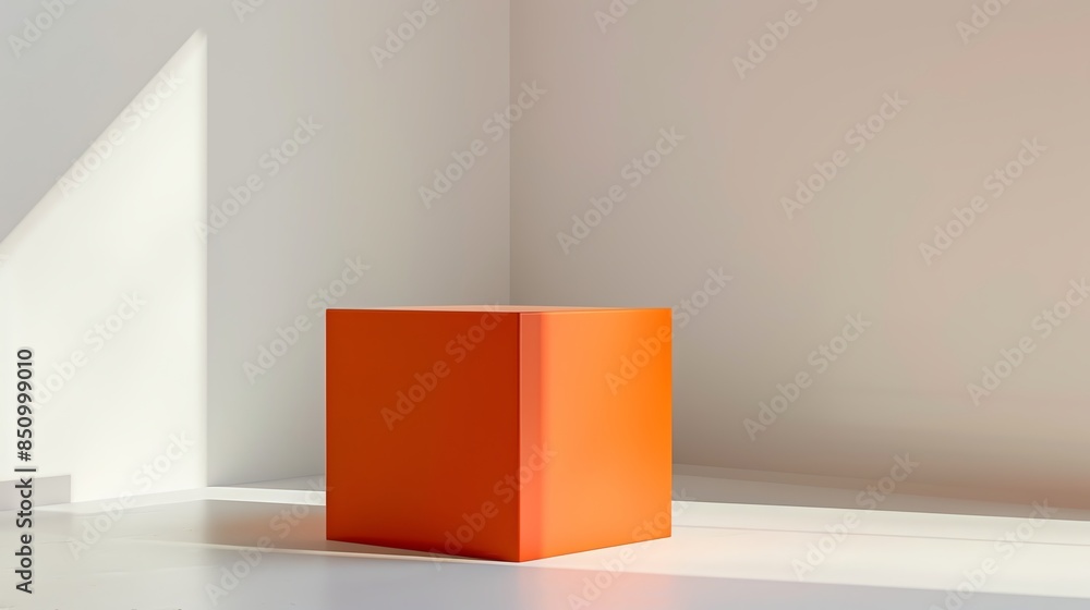 Vibrant orange cube podium against a soft white background, energetic and inviting Vibrant orange cube podium against a soft white background, energetic and inviting