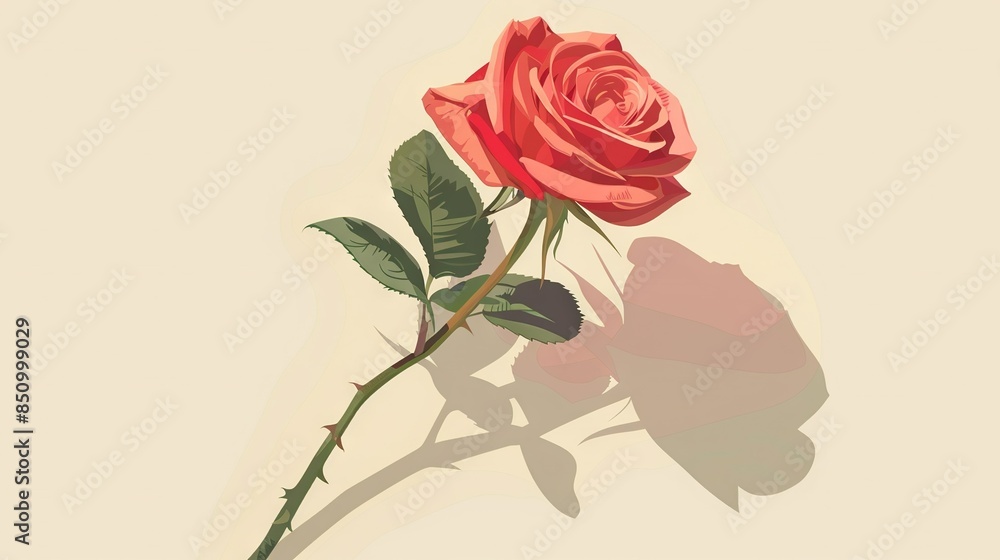 Fototapeta premium Single red rose casts shadow on white background Shadows rose on right side