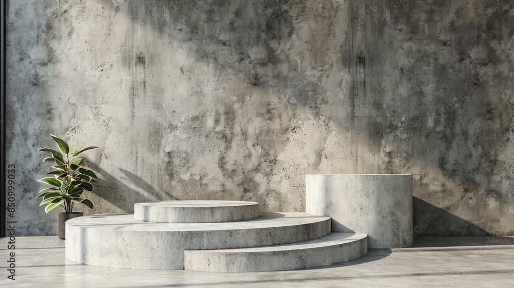 Minimalistic concrete podiums on a concrete floor, industrial chic Minimalistic concrete podiums on a concrete floor, industrial chic