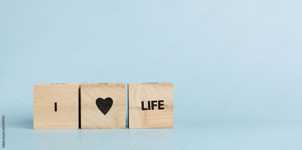 Obraz premium Wooden cubes with inscriptions I Love Life on a blue background