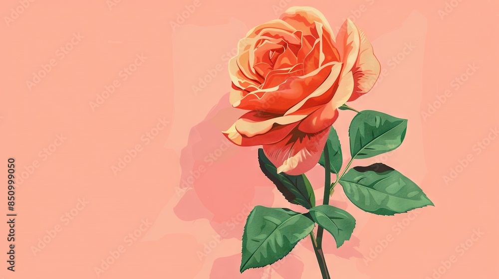 Fototapeta premium A single pink rose on a pink background with a green leaf and a hand shadow on the left