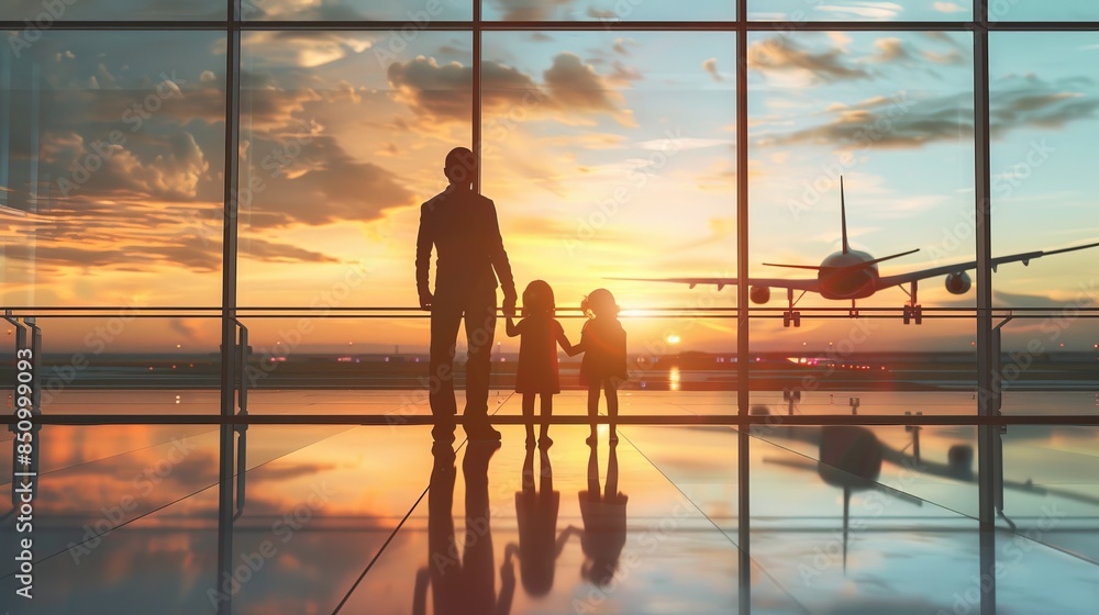 custom made wallpaper toronto digitalMother, Father and little child Hold hands and watching plane take off through an airport window with sunset