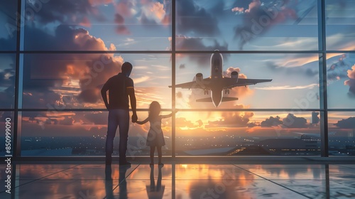 Wallpaper Mural Mother, Father and little child Hold hands and watching plane take off through an airport window with sunset  Torontodigital.ca