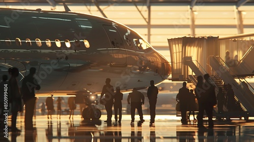 Wallpaper Mural Passengers boarding a plane via a jet bridge, crew assisting  Torontodigital.ca