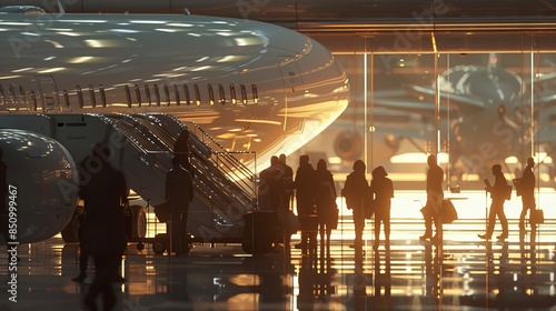 Wallpaper Mural Passengers boarding a plane via a jet bridge, crew assisting  Torontodigital.ca