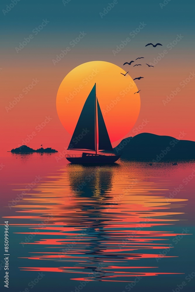 Fototapeta premium Vector illustration of sailing boat and beautiful scenic landscape of tropical sea.