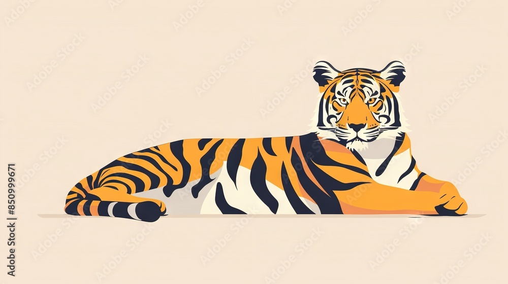 A tiger lying down with its head turned, centered in the frame A tiger lying down with its head turned, centered in the frame