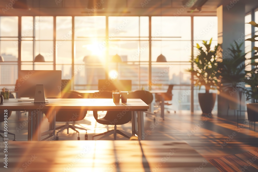 Soft focus on a bright, airy office space with wide panoramic windows, natural light flooding in, creating a serene work environment Soft focus on a bright, airy office space with wide panoramic windows, natural light flooding in, creating a serene work environment