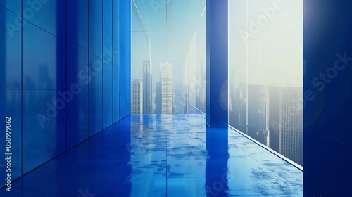 Royal blue wall with a dynamic glare from a skyline window, impressive and commanding