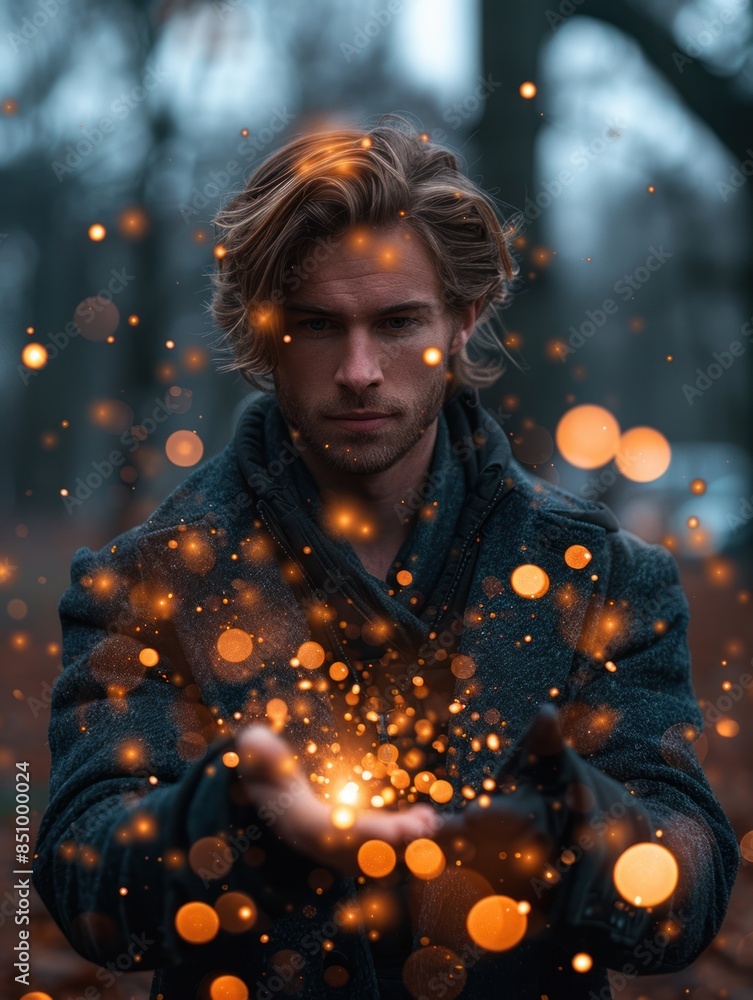 Man Holding Golden Sparks in Forest Man Holding Golden Sparks in Forest