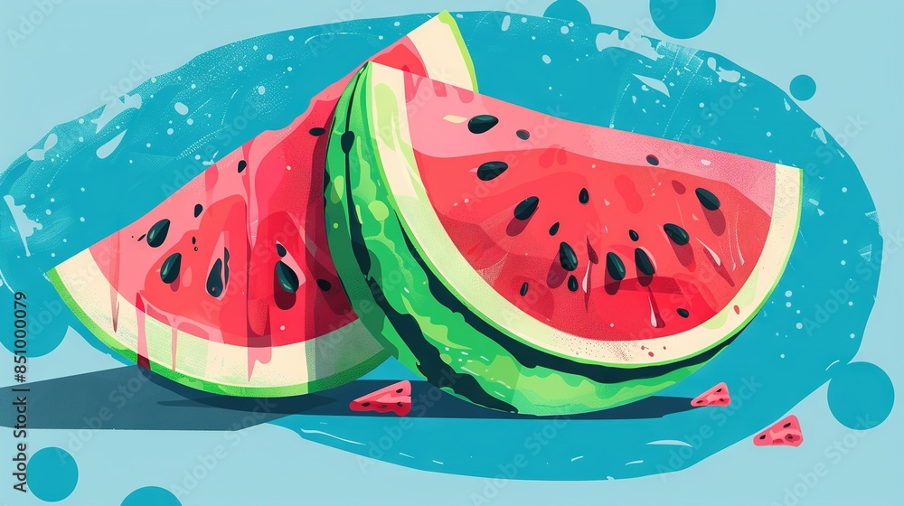 Watermelon slices stacked on a blue plate with surrounding bubbles Watermelon slices stacked on a blue plate with surrounding bubbles