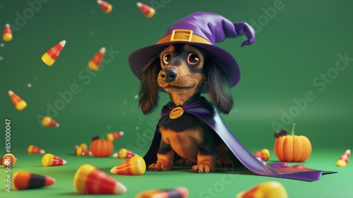 A dachshund dog wearing a witch costume and hat is surrounded by candy corn on a green background photo