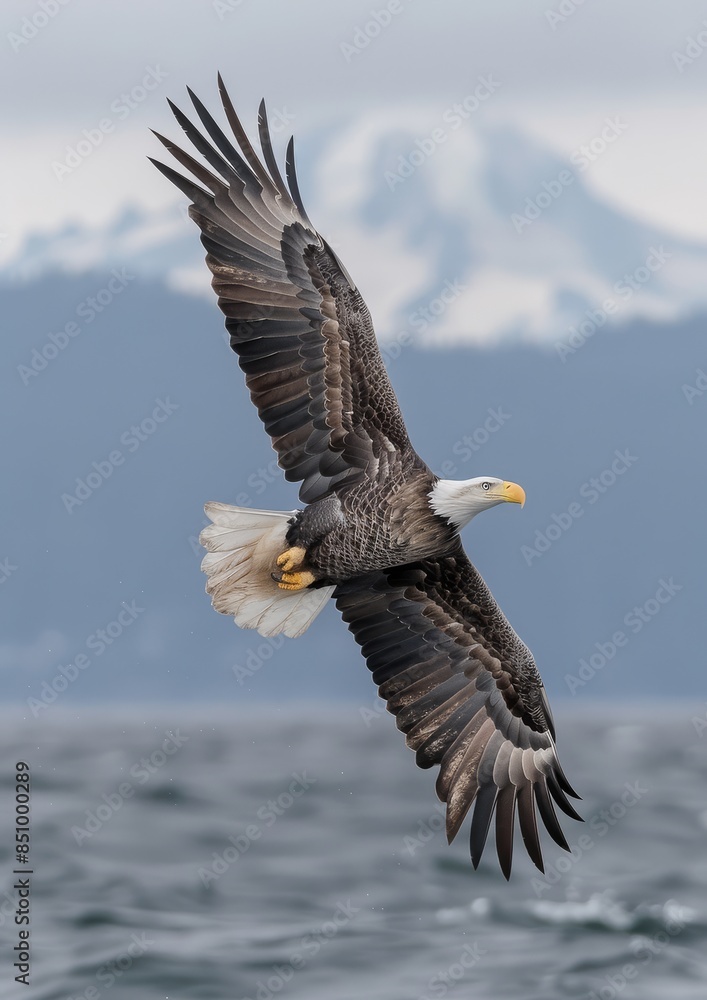 Majestic bald eagle soaring in flight with snowy mountain peaks in the background and misty ocean waters below Majestic bald eagle soaring in flight with snowy mountain peaks in the background and misty ocean waters below
