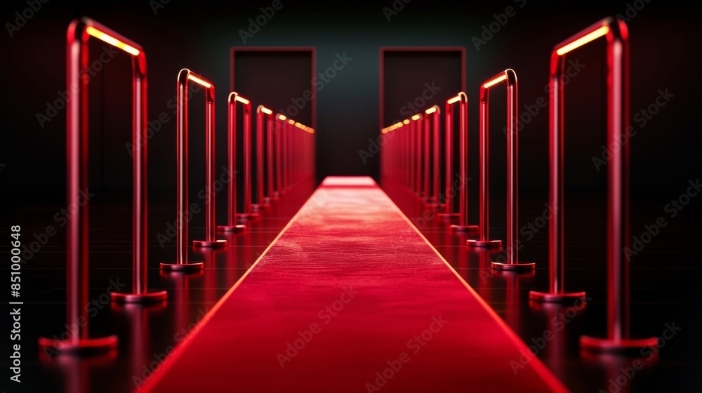 Luxury Event Backdrop with Red Carpet and Golden Stanchions Generative AI Luxury Event Backdrop with Red Carpet and Golden Stanchions Generative AI