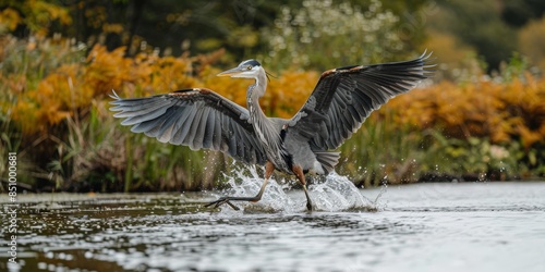 Majestic heron spreading wings and taking flight over tranquil autumn lake, surrounded by vibrant foliage and natural scenery