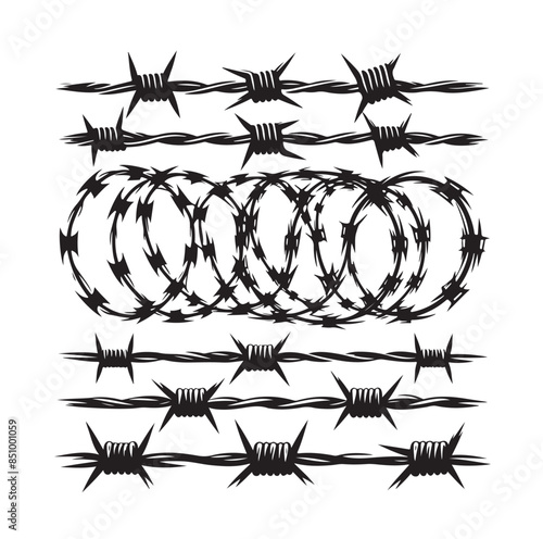 
Barber Wire set isolated white background. Razor Wire in trendy minimal geometric style. Brutal prison fence collection. Vector illustration can used web design