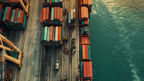 Wallpaper Mural Containers being unloaded from a cargo ship, port workers guiding the process  Torontodigital.ca