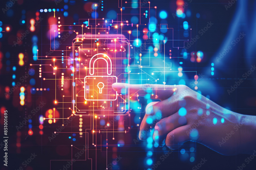 Finger touch to unlock. Concept of data protection, privacy, security and encryption of personal information. Finger touch to unlock. Concept of data protection, privacy, security and encryption of personal information.