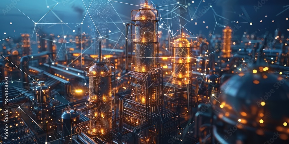 Fototapeta premium Illuminated Industrial Complex at Night With Network Connections