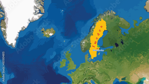 Sweden map on the world background and capital city, Stockholm. Nordic country in Northern Europe known for rich history, advanced welfare state, stunning natural landscape. Currency is Swedish krona