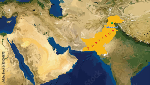 Islamic republic of Pakistan country map and Islamabad its capital city on the world background. Asian country ranks 10 most populous. Currency is rupee. Long conflicts with India over borderland.  