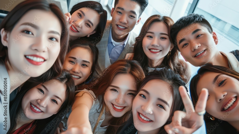 A cheerful gathering of young Asian men and women taking a group selfie with smiles and peace signs A cheerful gathering of young Asian men and women taking a group selfie with smiles and peace signs
