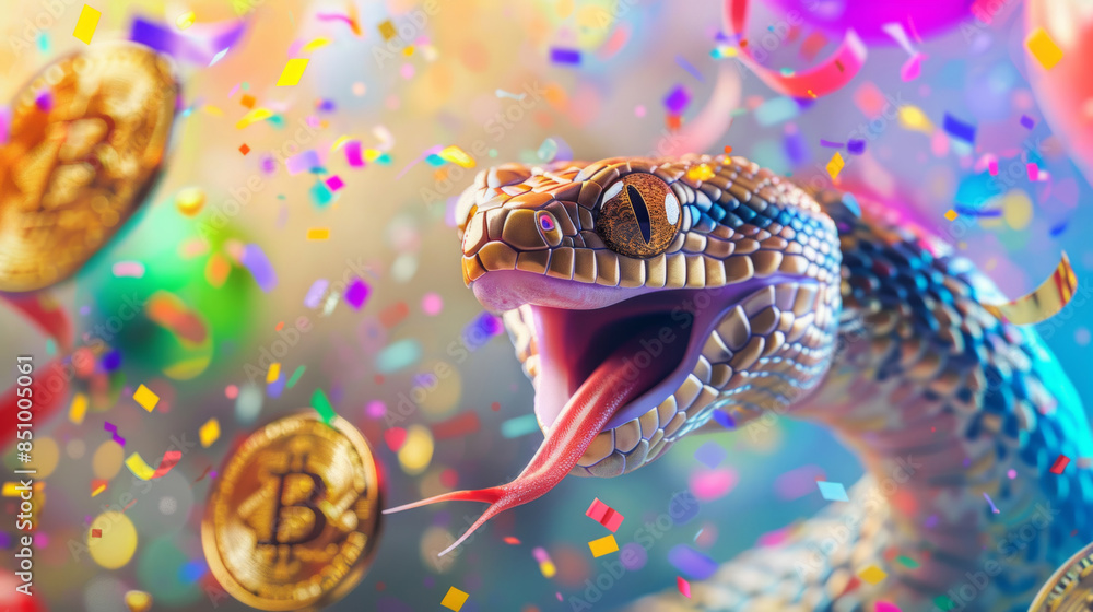 Lifelike snake image surrounded by falling confetti and bitcoin coins, symbolizing festive cryptocurrency concept with vibrant colors and dynamic motion. 2025 Year Symbol Lifelike snake image surrounded by falling confetti and bitcoin coins, symbolizing festive cryptocurrency concept with vibrant colors and dynamic motion. 2025 Year Symbol