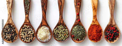 Different types of delicious spice powders in wooden spoons in a manner 