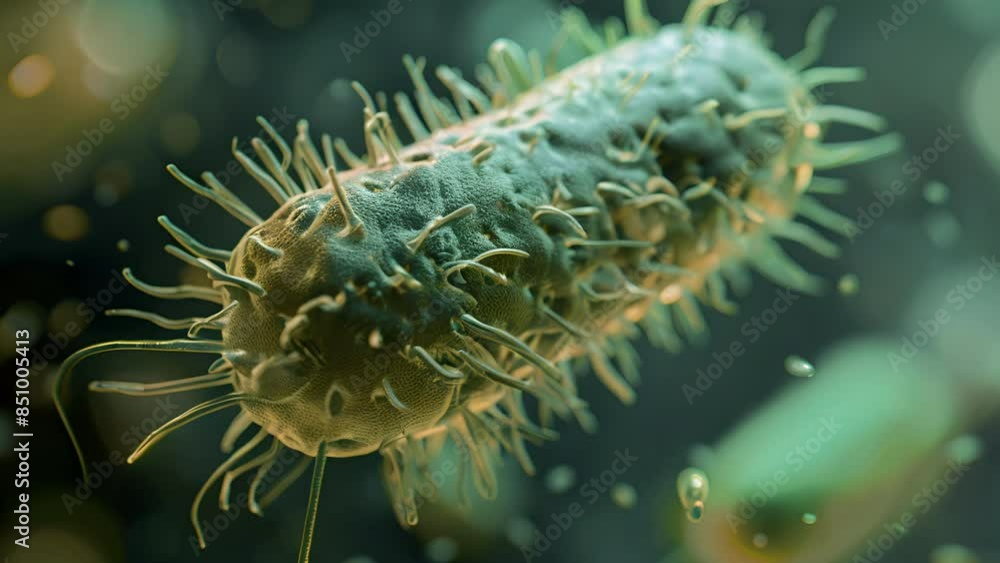 A magnified image reveals the unique morphology and flagella of a bacteria cell. A magnified image reveals the unique morphology and flagella of a bacteria cell.