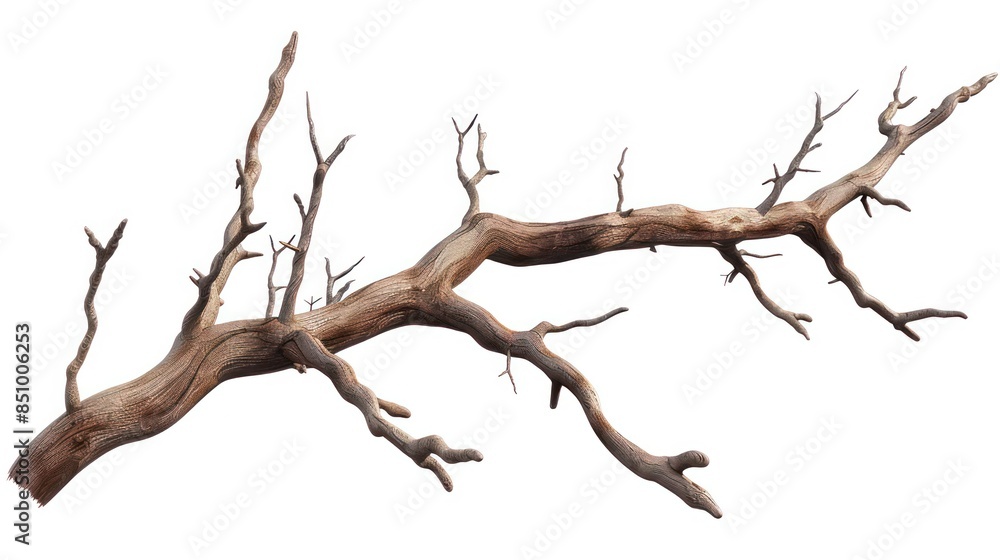A detailed image of a dry, twisted tree branch with various offshoots isolated on a white background for clear visibility A detailed image of a dry, twisted tree branch with various offshoots isolated on a white background for clear visibility