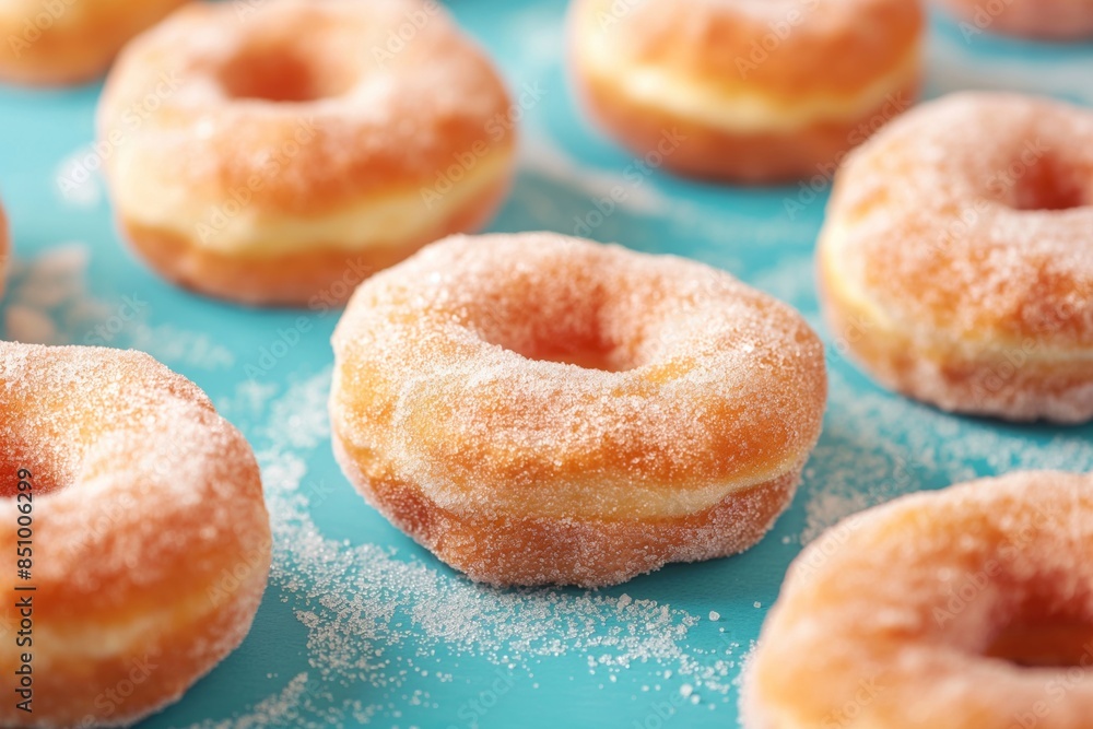 Closeup photo capturing the texture of sugarcoated doughnuts presented artistically on a bright blue surface Closeup photo capturing the texture of sugarcoated doughnuts presented artistically on a bright blue surface
