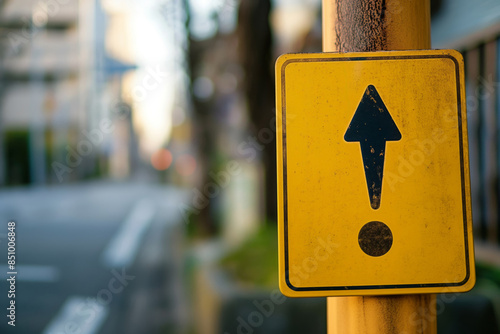 Yellow caution sign with a bold exclamation mark symbol against a blurred urban street background, signaling attention and danger ahead photo