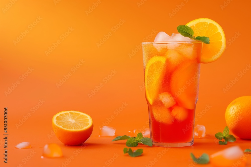 Clear glass of fruit punch with ice cubes and citrus garnish against a cheerful orange backdrop, exuding summer freshness Clear glass of fruit punch with ice cubes and citrus garnish against a cheerful orange backdrop, exuding summer freshness